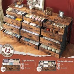 Romorgniz 55″ Dresser for Bedroom with 12 Fabric Drawers, Entertainment Center for 60 inch TV Dressers & Chests of Drawers Large Organizer, Living Room, Metal Frame, Wood Top, Rustic Brown