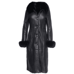Caitlan’s Black Shearling Sheepskin Full Length Long Coat With Fox Fur Trim