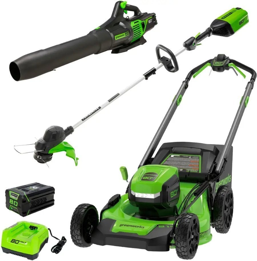 194.jpg Greenworks 80V 21” Lawn Mower, 13” String Trimmer, and 730 Leaf Blower - Image 1