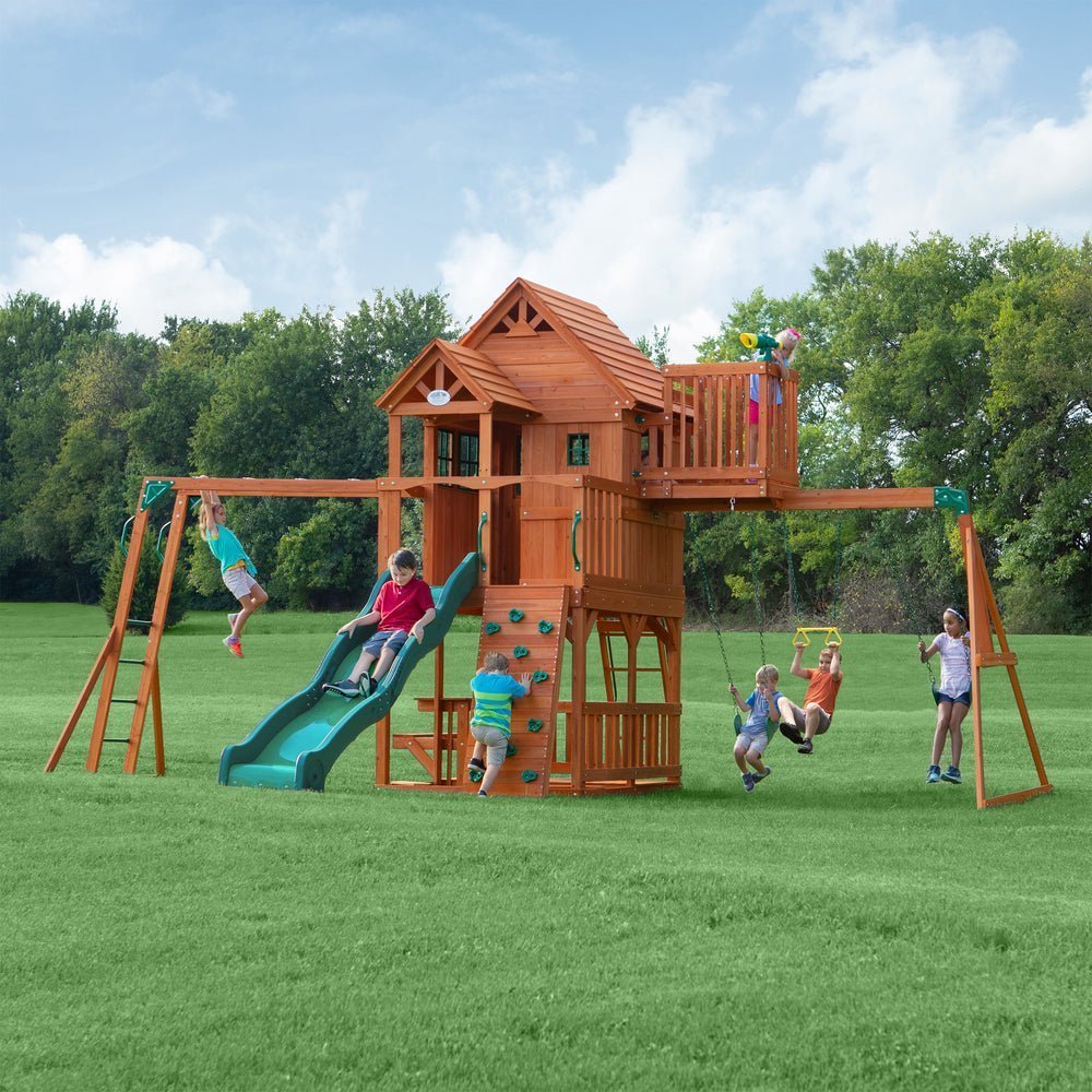 6113D-Skyfort-II-Hero-CC_d3805e29-c520-40f1-a437-982e7c81f2d3.jpg Backyard Discovery Skyfort II Cedar Wood Swing Set - Image 1