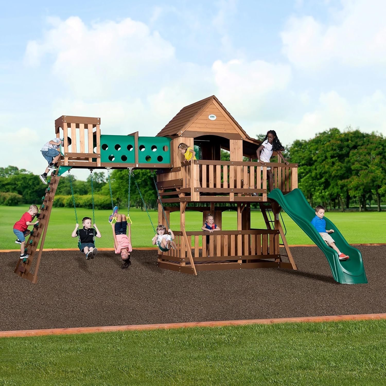 91Qyw6DmxqL._AC_SL1500_.jpg Backyard Discovery Woodridge Elite Cedar Swing Set/Playset - Image 1