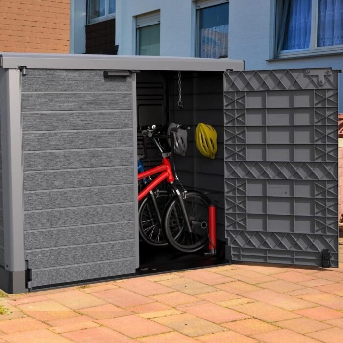 1200L-Final-w-Open-Door-scaled_1d1d723d-78c8-41ba-a909-5080f1a77070-700x700-1.jpg Duramax StoreAway Cedargrain Plastic Garden Storage Box – 1200L Flat Lid – Grey - Image 1