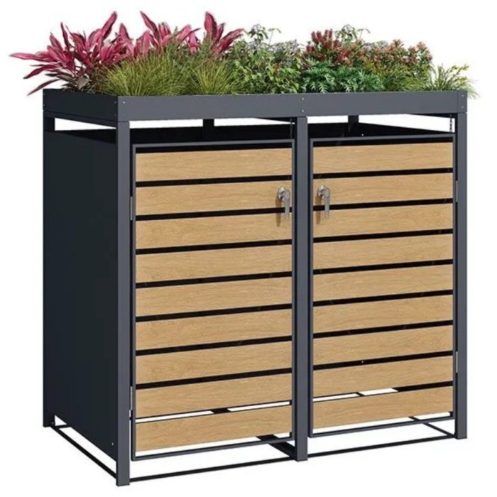 48cimmuk-700x700-1.png Wood Effect Wheelie Bin Storage With Planter- Double Bin Store - Image 1