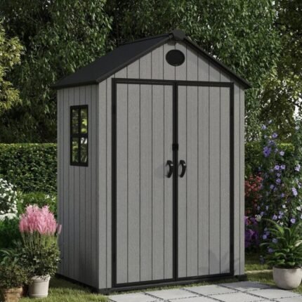 Pro Grade 6ft x 4ft Premium Plastic Garden Shed Double Door – Grey Wood Touch Texture