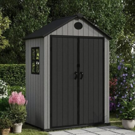 Pro Grade 6ft x 4ft Premium Plastic Garden Shed Double Door – Grey/Anthracite Wood Touch Texture
