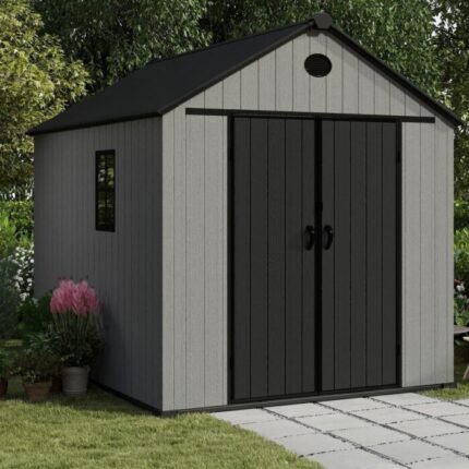 Pro Grade 6ft x 8ft Premium Plastic Double Door Garden Shed – Grey/Anthracite Wood Touch Texture