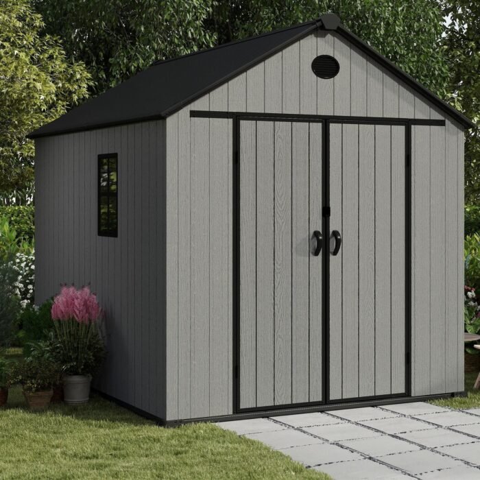 8x10FT-GY-2_ce530a36-bbe5-4f6e-b865-8444527ae076-700x700-1.jpg Pro Grade 6ft x 8ft Premium Plastic Double Door Garden Shed – Grey Wood Touch Texture - Image 1
