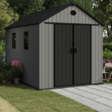 Pro Grade 8ft x 12ft Premium Plastic Double Door Garden Shed – Grey/Anthracite Wood Touch Texture