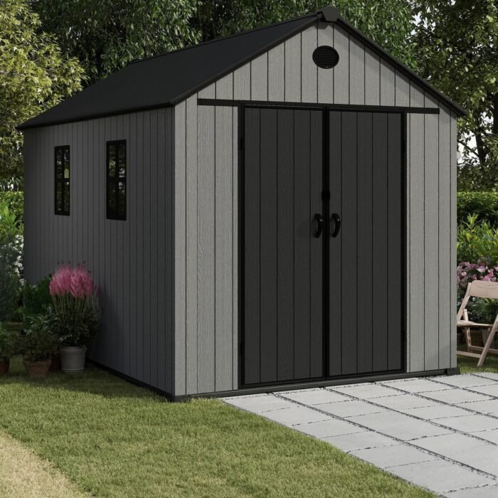 8x12FT-GY-2_anthracite_4472f7c1-a573-4148-bd9e-7a67b0c9ec3a-700x700-1.jpg Pro Grade 8ft x 12ft Premium Plastic Double Door Garden Shed – Grey/Anthracite Wood Touch Texture - Image 1
