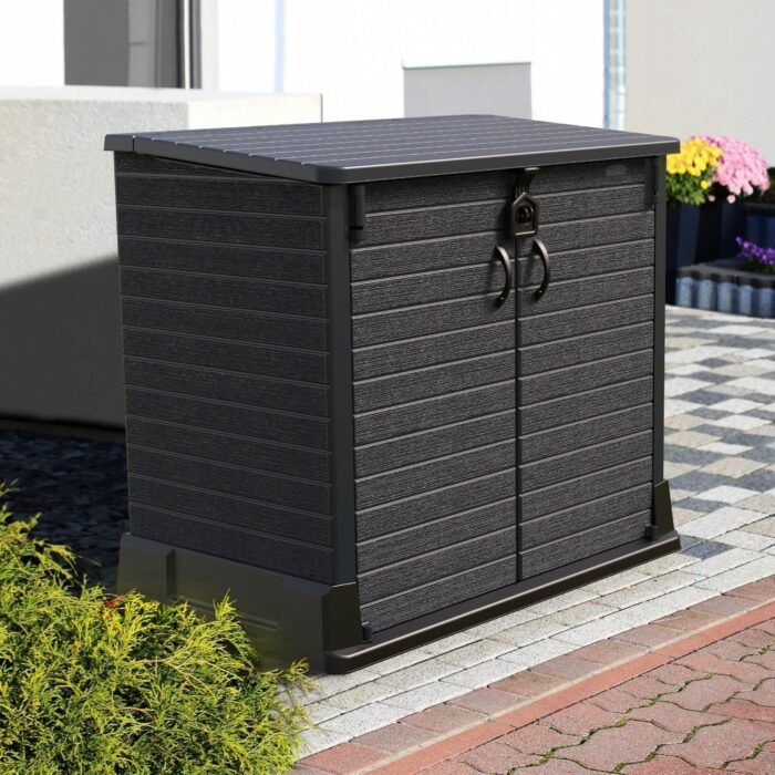 CGStorageShed850L2500x2500px_NewColor_DMX-24-700x700-1.jpg Duramax StoreAway Cedargrain Plastic Garden Storage Box – 850L – Grey - Image 1
