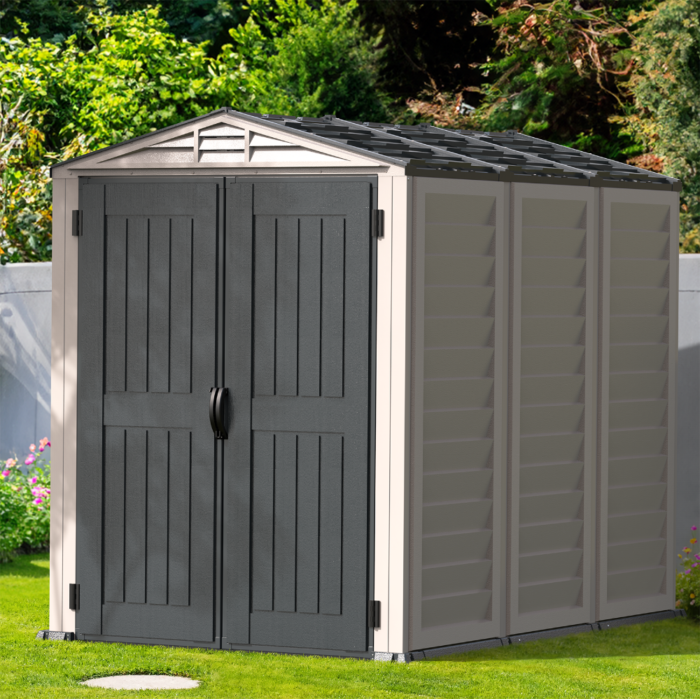 Yardmate-Plus-5x8-Lifestyle-Zoom-In-700x699-1.png Duramax YardMate Plus – 5ft x 8ft Plastic Garden Shed in Grey - Image 1