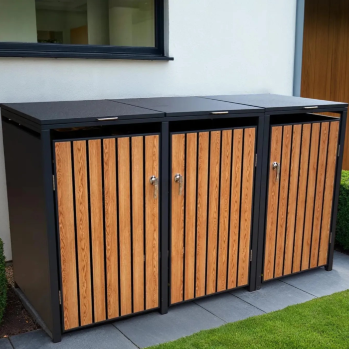 tr6oiqee_c6bc4f16-6959-4b77-aacb-7c0bcbcd66b0-700x700-1.png Wood Effect Wheelie Bin Storage – Triple Bin Store - Image 1