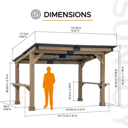 SUNJOY 10 ft. x 12 ft. Matte Black Cedar Framed Wooden Gazebo